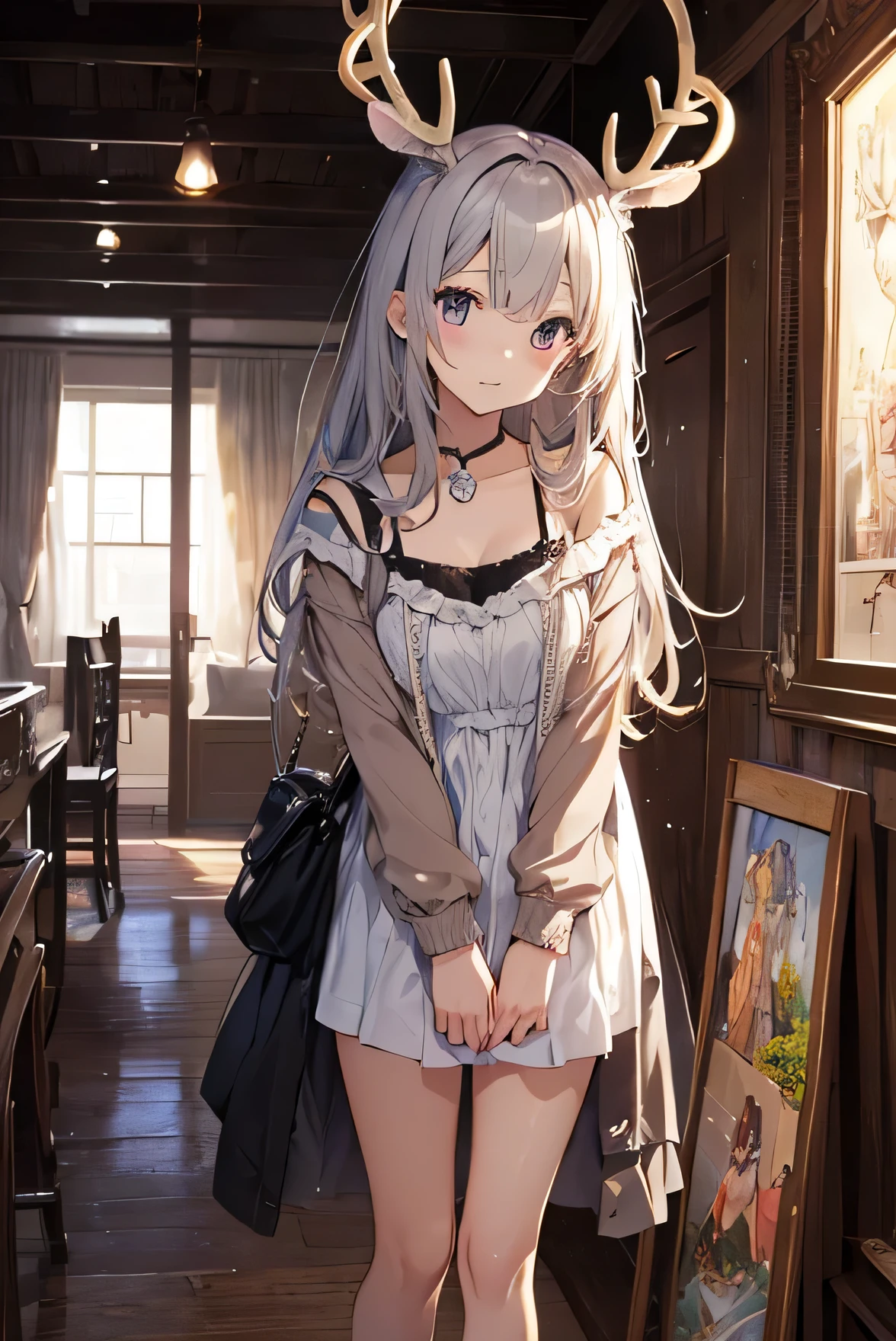Masterpiece、Anime Coloring、Ultra fine、、、One Girl、Deer's long antlers、light brown hair、short hair、Yellow-green eyes、Open your mouth wide、Lower Angle、cowboy shot、looking at the camera、smile、blush、Watery eye、Parted bangs、DullTshirt、Leaning forward、garden、blue sky、sunny、Small breasts