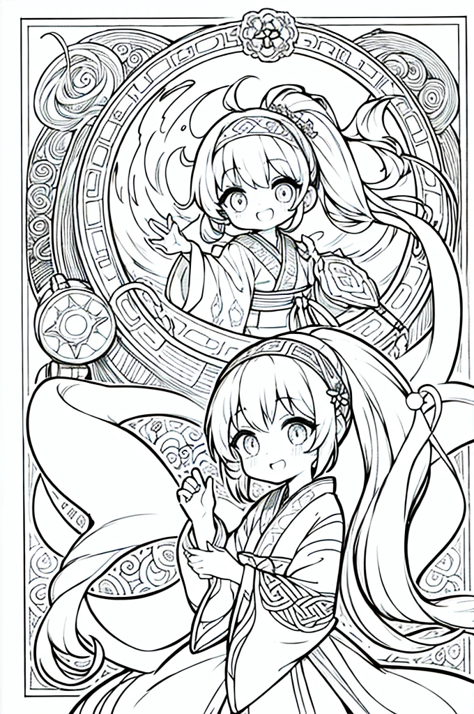 coloring pages, simplified zentangle, coloring book outline, black and white only, no outline, intricate designs, coloring book, celtic design, intricate lines, no gradients, Chibi, best quality, paper doll, shadow puppet, one girl, stained glass background, clockpunk, Andersen, Create a baby chibi version of the Alice character in an 8K resolution. A girl with a ponytail is wearing a kimono with a crane pattern, practicing kendo in a dojo, and wearing a headband as a hair accessory, It's sunny, Detailed eyes, clear outlines, kawaii pose, A smile, Raise your right hand, Eye Up, Laugh, radiant light, Taken from the side. She should look adorable and cute. Give him a smiling expression and a sweet smile on his face, capturing the essence of the character in a delicate and charming way.