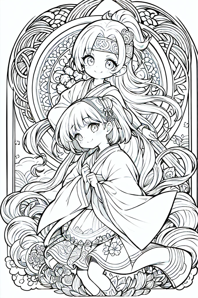 One girl, Create a baby chibi version of the Alice character in an 8K resolution, coloring pages, simplified zentangle, coloring book outline, black and white only, no outline, intricate designs, coloring book, celtic design, intricate lines, no gradients, Chibi, best quality, paper doll, shadow puppet, stained glass background, clockpunk, Andersen,A girl with a ponytail is wearing a kimono with a crane pattern, practicing kendo in a dojo, and wearing a headband as a hair accessory, It's sunny, Detailed eyes, clear outlines, kawaii pose, A smile, Raise your right hand, Eye Up, Laugh, radiant light, Taken from the side. She should look adorable and cute. Give him a smiling expression and a sweet smile on his face, capturing the essence of the character in a delicate and charming way.