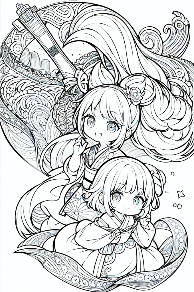 One girl, Create a baby chibi version of the Alice character in an 8K resolution, coloring pages, simplified zentangle, coloring book outline, black and white only, no outline, intricate designs, coloring book, celtic design, intricate lines, no gradients, Chibi, best quality, paper doll, shadow puppet, stained glass background, clockpunk, Andersen,A girl with a ponytail is wearing a kimono with a crane pattern, practicing kendo in a dojo, and wearing a headband as a hair accessory, It's sunny, Detailed eyes, clear outlines, kawaii pose, A smile, Raise your right hand, Eye Up, Laugh, radiant light, Taken from the side. She should look adorable and cute. Give him a smiling expression and a sweet smile on his face, capturing the essence of the character in a delicate and charming way.