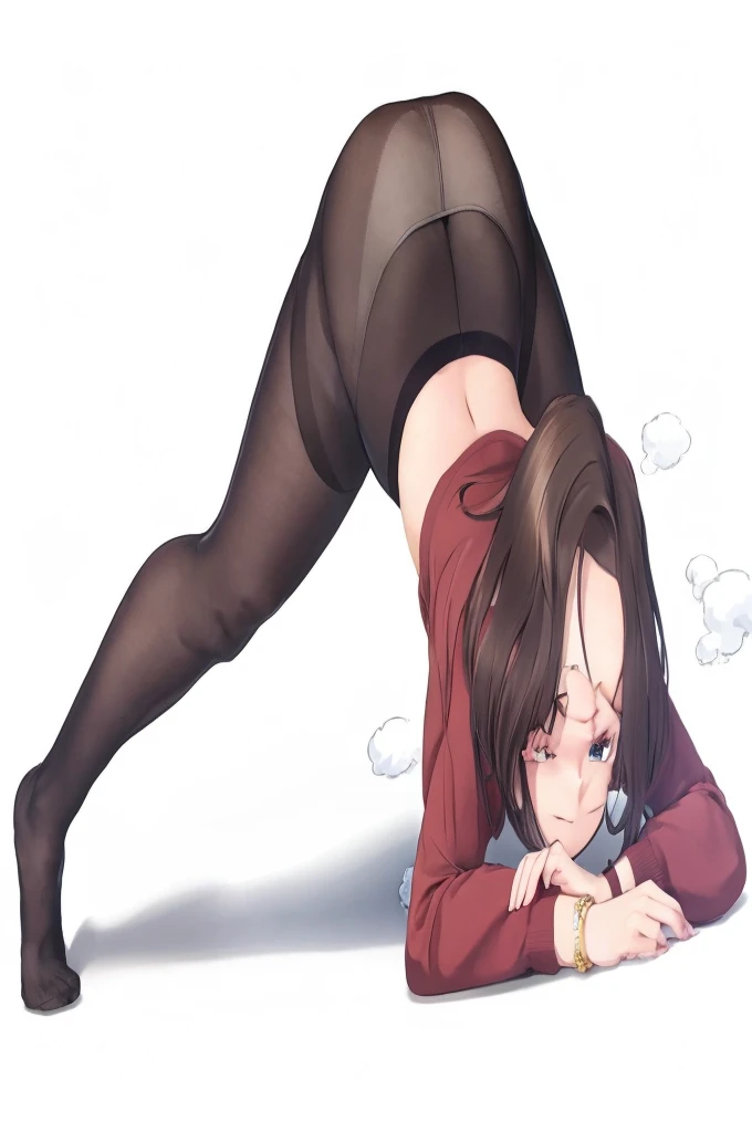 Realistic anime, Cute girl in pantyhose and a sweater, sticking but up high in the air, UHD, photorealistic, background is her girly pink bedroom, cute pantyhose feet