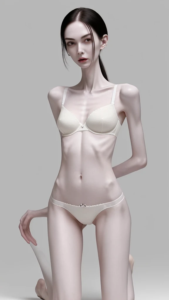 a woman, very thin body, body visible bones, very slender,sweaty weat body,  pale white skin, panties, bra,tatto, full body, 