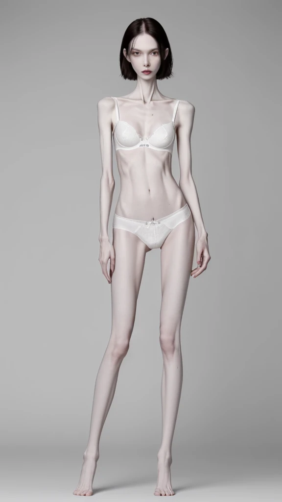 a woman, very thin body, body visible bones, very slender,sweaty weat body,  pale white skin, panties, bra,tatto, full body, 