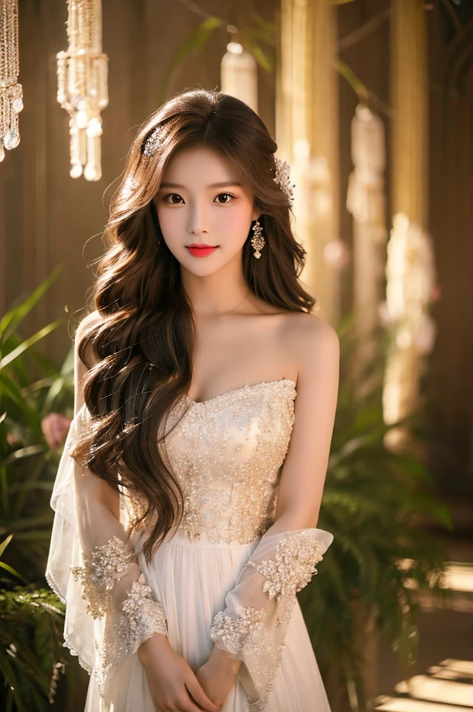 Generate an image of an extraordinarily beautiful 20-year-old Asian woman standing alone, whose beauty rivals that of a goddess of the fire element. She has large brown eyes, dark brown hair, glowing skin, and a captivating appearance. She is wearing a stunning white wedding dress that accentuates her elegance. The woman stands charmingly alone, her beauty appearing as if blessed by nature, in a very romantic and lovely aisle adorned with flowers and soft lighting, exuding a magical and serene atmosphere.