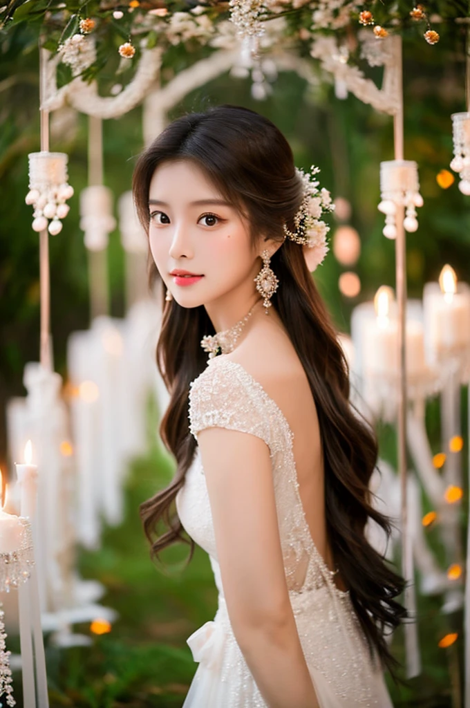 Generate an image of an extraordinarily beautiful 20-year-old Asian woman standing alone, whose beauty rivals that of a goddess of the fire element. She has large brown eyes, dark brown hair, glowing skin, and a captivating appearance. She is wearing a stunning white wedding dress that accentuates her elegance. The woman stands charmingly alone, her beauty appearing as if blessed by nature, in a very romantic and lovely aisle adorned with flowers and soft lighting, exuding a magical and serene atmosphere.