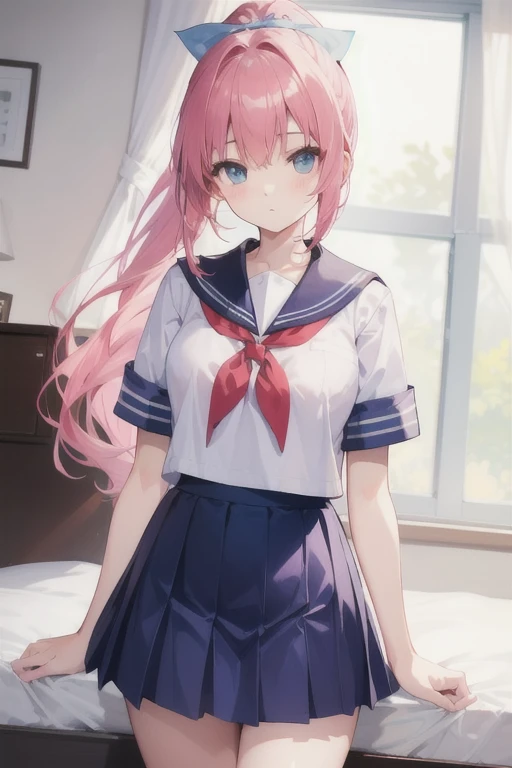 A beautiful 17-year-old girl with a slender figure、Pink hair in a ponytail、blue eyes、White blouse with sailor collar、Blue ribbon、Japanese school girl uniform、She rolls up her uniform skirt to show her white underwear.、Blue knee-length pleated skirt、Standing in front of the bed in the nurse's office、Background partitioned with white curtains、、Tears and an embarrassed face、Blushed cheeks、A lovely face with a hint of innocence、Beautiful girl erotic game style、Detailed Description、High resolution、Soft lighting、Realistic texture