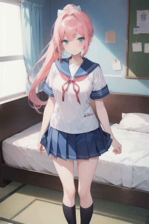 A beautiful 17-year-old girl with a slender figure、Pink hair in a ponytail、blue eyes、White blouse with sailor collar、Blue ribbon、Japanese school girl uniform、She rolls up her uniform skirt to show her white underwear.、Blue knee-length pleated skirt、Standing in front of the bed in the nurse's office、Background partitioned with white curtains、、Tears and an embarrassed face、Blushed cheeks、A lovely face with a hint of innocence、Beautiful girl erotic game style、Detailed Description、High resolution、Soft lighting、Realistic texture
