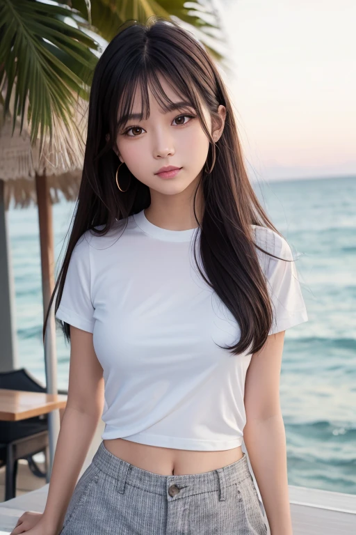 (8K, RAW photograph, Highest quality, masterpiece:1.3),(Genuine,photograph:1.37),(Looking at the audience:1.331),(Black Hair),Pause,Beachfront,Morning view,sunrise,sunny,One girl,Very beautiful face,small,Hands down,Pony Hairstyle,Hair weight,Fluffy hair,Shoulder length,Straight hair,Random representation,Smile with the corners of your mouth,Big eyes,(T-Shirts,Round Collar,Short sleeve,Opaque color,Shirt color),(Wear pants),Mix 4,Hair accessories are not permitted,Highest quality Hair