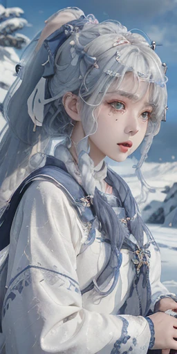 （masterpiece、Highest quality、Anatomically correct、Textured skin、8K) A woman wearing Ainu clothing、Long white hair、ponytail、Powerful eyes、Snowy landscape in the tundra climate、Grey Sky、White Dragon、White Wolf、