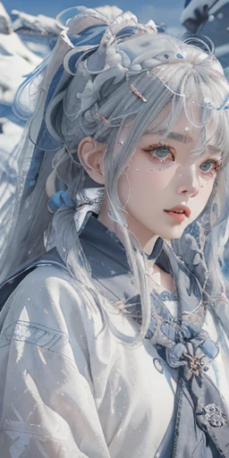 （masterpiece、Highest quality、Anatomically correct、Textured skin、8K) A woman wearing Ainu clothing、Long white hair、ponytail、Powerful eyes、Snowy landscape in the tundra climate、Grey Sky、White Dragon、White Wolf、