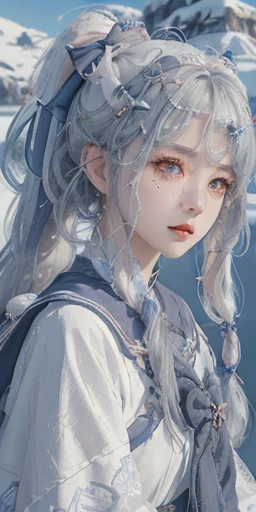 （masterpiece、Highest quality、Anatomically correct、Textured skin、8K) A woman wearing Ainu clothing、Long white hair、ponytail、Powerful eyes、Snowy landscape in the tundra climate、Grey Sky、White Dragon、White Wolf、