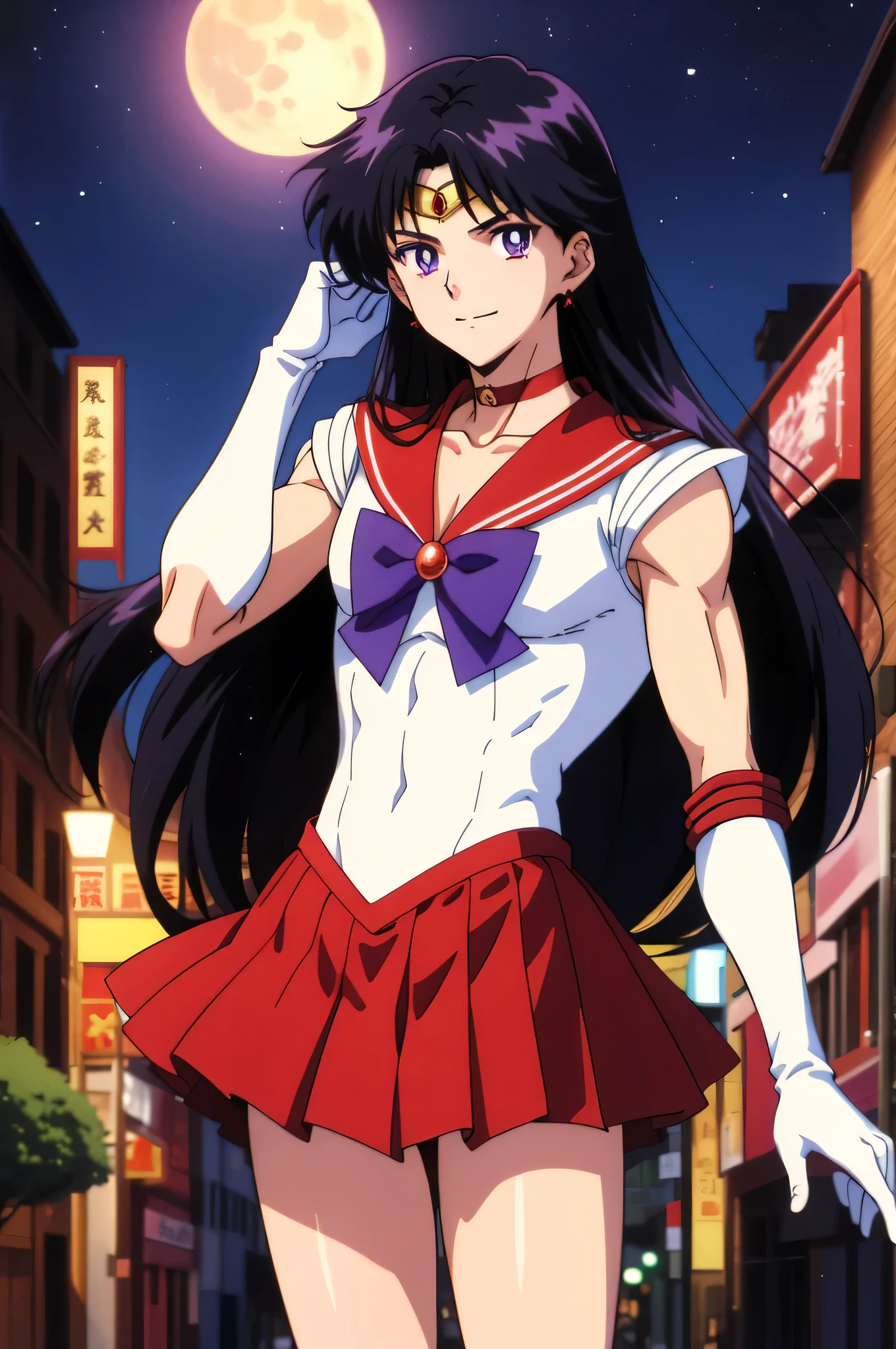masterpiece、Highest quality、High resolution、absurdes、Ultra-detailed、Male focus、Cute eyes、((Anime Bishonen、14 years old))、Sailor Mars、boy、solo、Long Hair、Black Hair、A golden circlet on the forehead、Sailor Warrior Uniforms、White gloves、Red sailor collar、White leotard、High leg leotard、White Dress、blue bowtie、Red Skirt、Red choker、Elbow hand pocketini skirt、Pleated skirt、Bare legs、barefoot、Purple ribbon blowing a kiss、Cowboy Shot、night、Outdoor、moon、smile、city、collarbone、(male body:1.3)、Are standing、(1990s \(style\):0.9)、