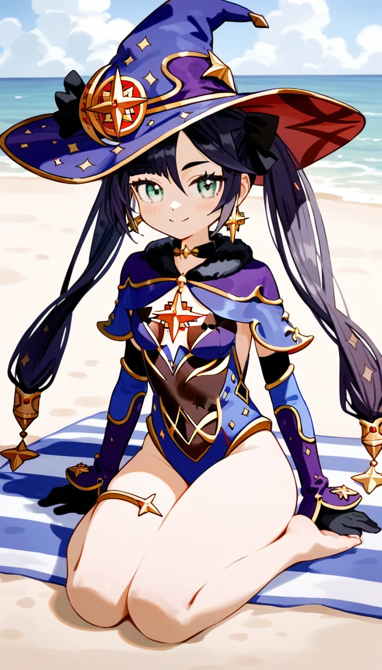 masterpiece,Ultra HD,score_4_上 BREAK source_anime,可愛いanimeイラスト, One girl, alone, Mona XL, Long black hair, Green Eyes, tsurime, Twin tails, Medium chest, Witch Hat, View your viewers,smile,beach,Sitting,