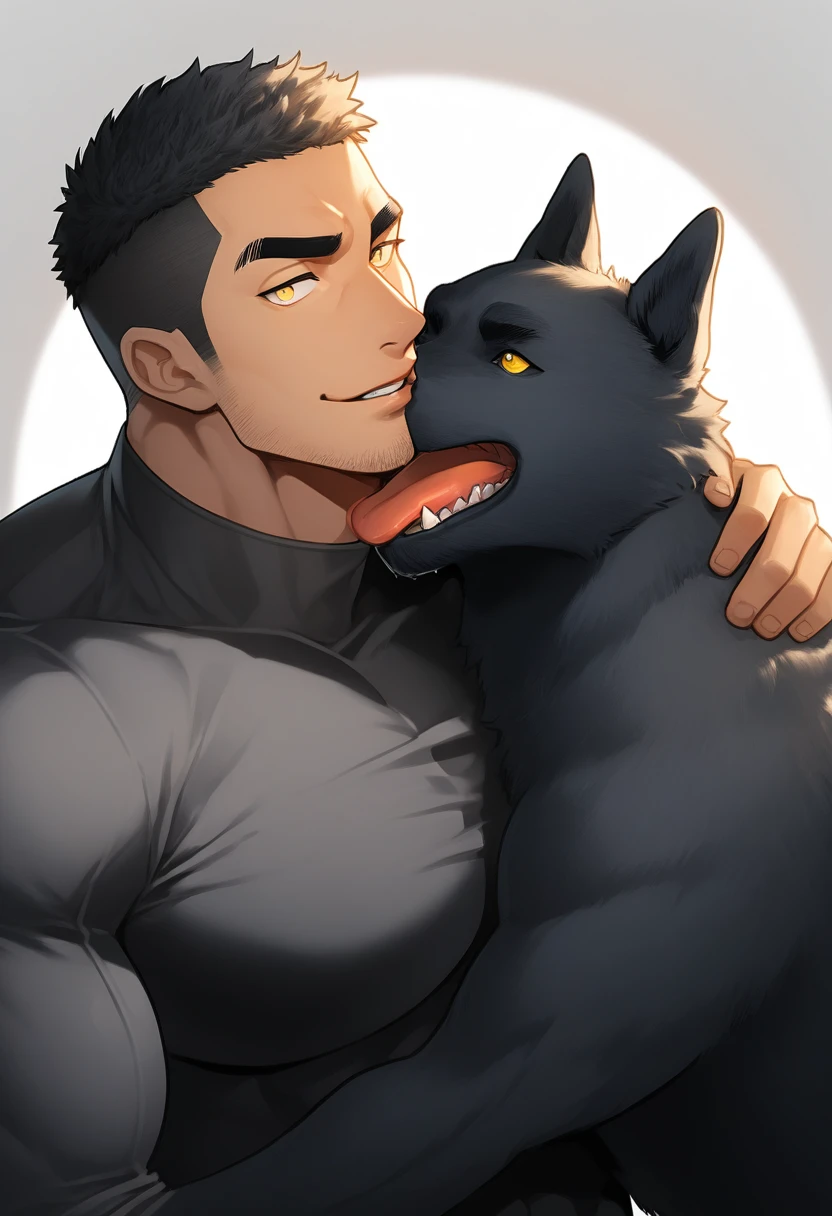 anime characters：Superhero in tights and a muscular black dog on black, negro black skin, They hugged and kissed each other, Bite your neck, Caress, Manliness, male focus, Yellow and black high collar long sleeve tight T-shirt, Slightly transparent material, Very tight, Round, full and perky chest muscles, Male dog waist, Slightly transparent, muscular male, muscular, only, Upper body, alone, Black short hair, Thick eyebrows, stubble, Yellow eyes, Grey background, simple background, amazing quality, best aesthetics, Ridiculous, bright pupils, crew cut, parted lips, seductive smile, torogao, naughty face, drop shadow, best quality