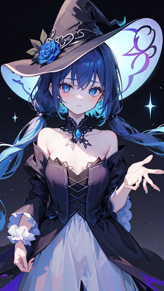 ((🧙♀️)), (black hat),{{{{Masterpiece}}}}, {{{Very detailed}}}, {{{High resolution}}}, {{Excellent anatomy}}, (((Top quality))), ((( very delicate and beautiful)), {{very detailed and delicate}}, {{illustration}},Happy magic, magic effects, magic circles, gradations,glowify,1girl, jewelry, 8k, beautiful, darkness, shining brightly, scare, flower,OuterWorldAI,chest,blue hair,short twintails,middle hair,sky blue eyes,