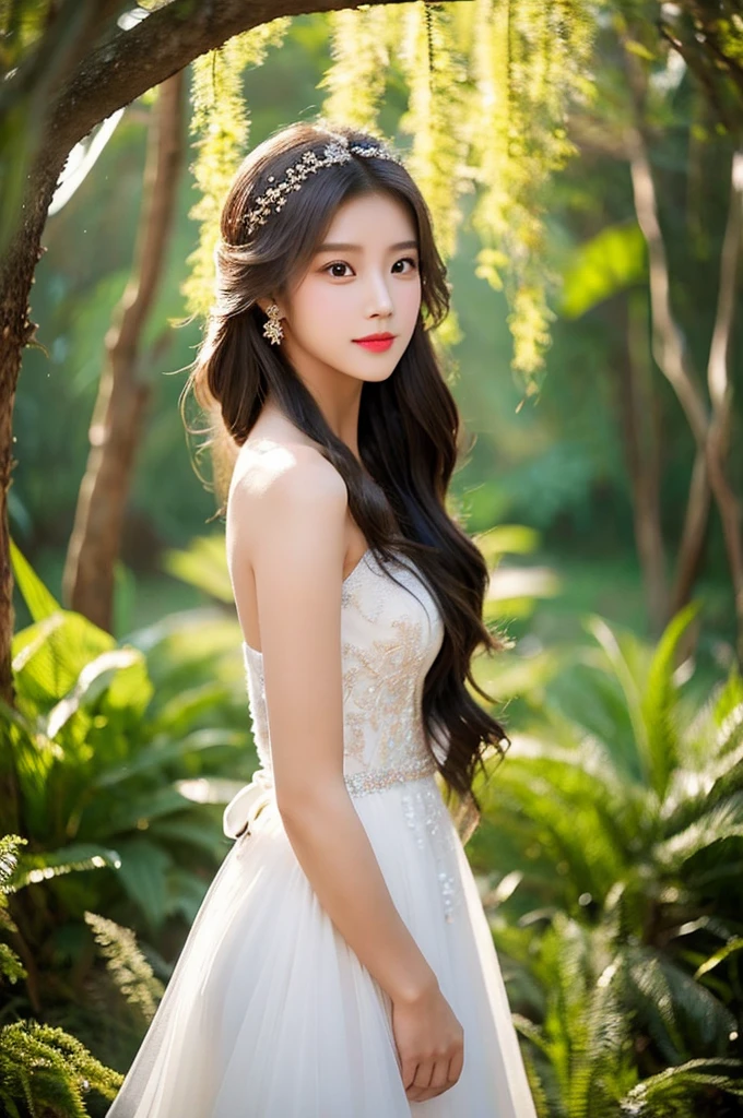 Generate an image of an extraordinarily beautiful 20-year-old Asian woman standing alone, whose beauty rivals that of a goddess of the fire element. She has large brown eyes, dark brown hair, glowing skin, and a captivating appearance. She is wearing a stunning white wedding dress that accentuates her elegance. The woman stands charmingly alone, her beauty appearing as if blessed by nature, in a very romantic and lovely aisle adorned with flowers and soft lighting, exuding a magical and serene atmosphere.