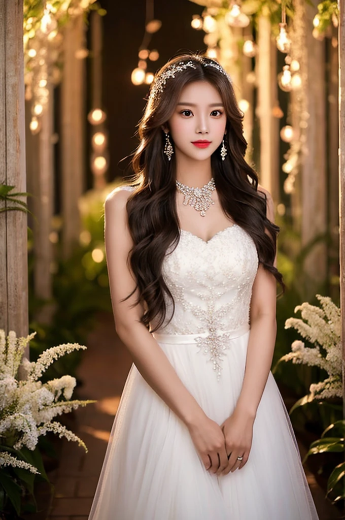 Generate an image of an extraordinarily beautiful 20-year-old Asian woman standing alone, whose beauty rivals that of a goddess of the fire element. She has large brown eyes, dark brown hair, glowing skin, and a captivating appearance. She is wearing a stunning white wedding dress that accentuates her elegance. The woman stands charmingly alone, her beauty appearing as if blessed by nature, in a very romantic and lovely aisle adorned with flowers and soft lighting, exuding a magical and serene atmosphere.