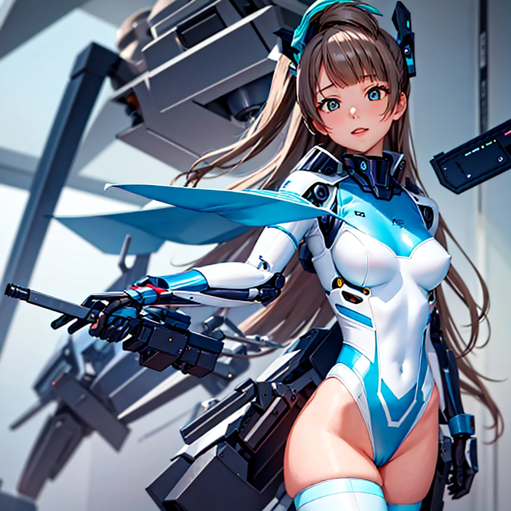 masterpiece, high quality, Inside the Institute of Mechanization、On the operating table during remodeling surgery、Minami Kotori, who has been turned into a mechanical body cyborg、Gynoid cyborg body modification surgery、Blue and white leotard armor、A precisely mechanized body、Exposed precision machined genitals、Single image、from the front,Put the whole body