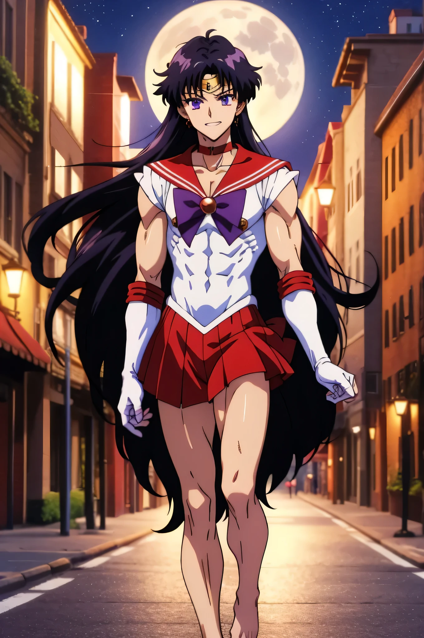 masterpiece、Highest quality、High resolution、absurdes、Ultra-detailed、Male focus、Cute eyes、((Anime Bishonen、14 years old))、Sailor Mars、boy、solo、Long Hair、Black Hair、Strong muscleuscular and strong、A golden circlet on the forehead、Sailor Warrior Uniforms、White gloves、Red sailor collar、White leotard、High leg leotard、White Dress、blue bowtie、Red Skirt、Red choker、Elbow hand pocketini skirt、Pleated skirt、Bare legs、barefoot、Purple ribbon blowing a kiss、Cowboy Shot、muscular man、night、Outdoor、moon、smile、city、collarbone、(male body:1.3)、Are standing、(1990s \(style\):0.9)、