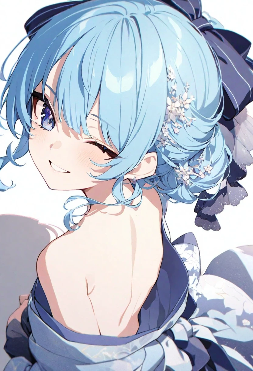 (muste piece), (best quality), very detailed eyes, expressive eyes, perfect face, very detailed face, highly detailed face, beautiful girl, 8K, beautiful girl, white background, delicate and beautiful face and eyes, dark intense shadow, 
1 girl, vtuber style, cool girl, hololive, Hoshimachi Suisei, blue hair, kimono, small chest, clavicle, one eye close winking, smile, (whole body), standing, from back, looking back, sunrsing, 