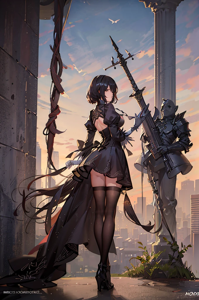 Beautiful black-haired woman walks through vast dream field, Black Maid Outfit、Digital Painting, Digital Illustration, Extreme Detail, Digital Art, 4K, Ultra HD, Michael Garmash, Ben Bauschau、Rapier in hand、