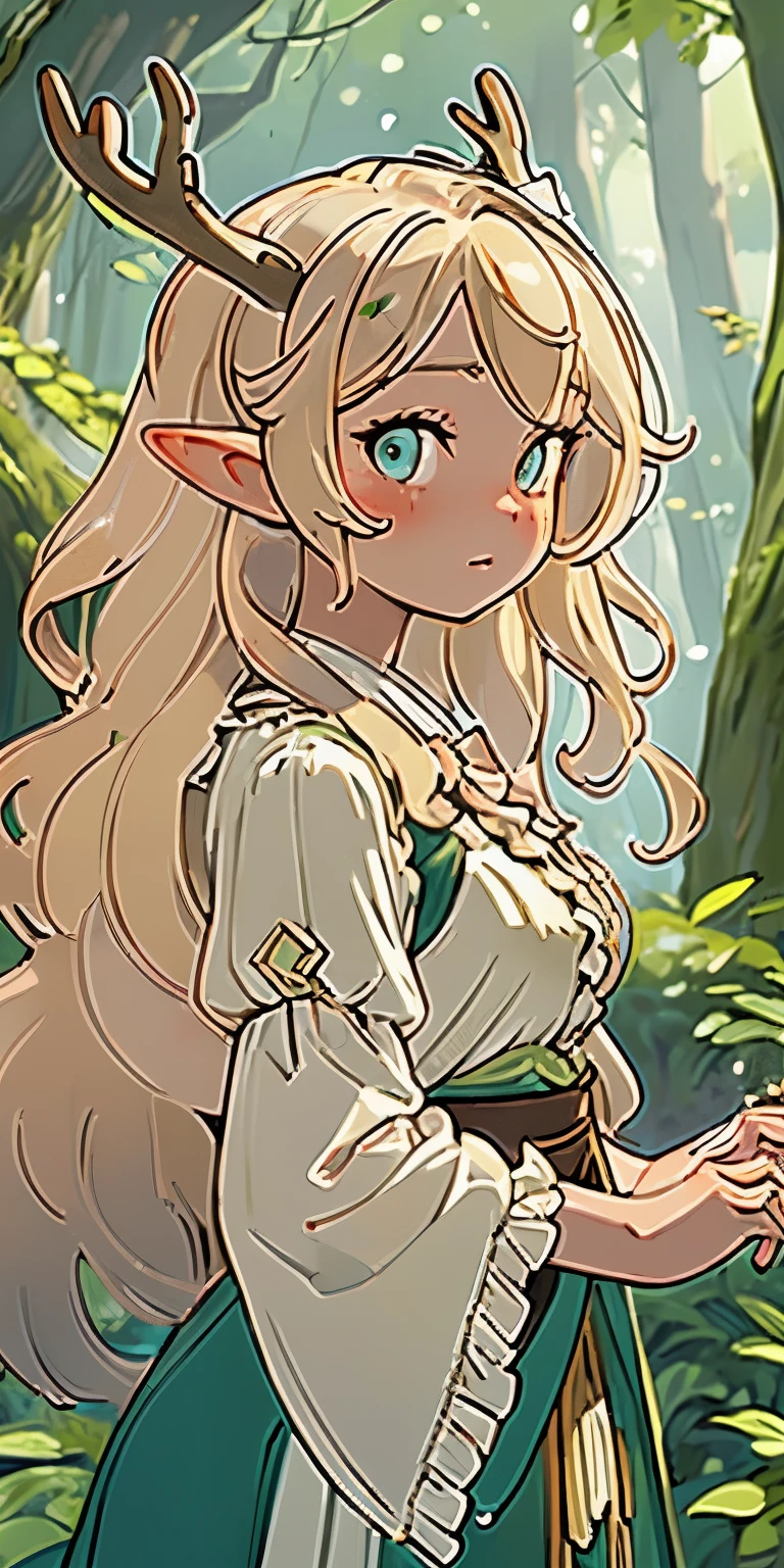 (masterpiece, best quality), 1girl, intricate details, blonde, leaf, wavy hair, looking at viewer, elf, upper body, forest, frills, mist, deer antlers,