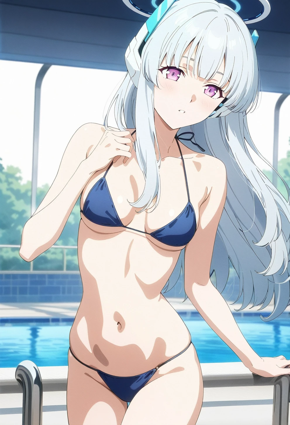 best quality, amazing quality, very aesthetic, absurdres, (1girl, noa, blue archive, solo, purpel eyes), (realistic face:0.9),(string bikini:1.8), (glare, thigh:1.3), (cowboy shot), (glowing eyes), (half closed eyes:0.9), (Soft Light:1.7), (official art:1.3), (pool), expressive eyes, perfect face, extremely detailed eyes, perfect anatomy, smooth skin, (pool background:1.5), clear eyes, beautiful face, medium breasts, (anime style:1.7), (highres:2), (Chiaroscuro),