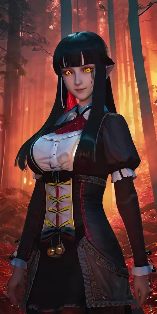 masterpiece, best quality, 4k, 8k, 1girl, solo, long hair, blunt bangs, side braid, black hair, droopy eyes, big eyes, ruby red eye, lemon yellow eye, heterochromia, slender frame, evil smile, large breasts, ofuda, jiangshi costume:1.2, fang, horror, coffin, forest, midnight, darkness, fog, from front, cowboy shot, look at viewer, paw pose,