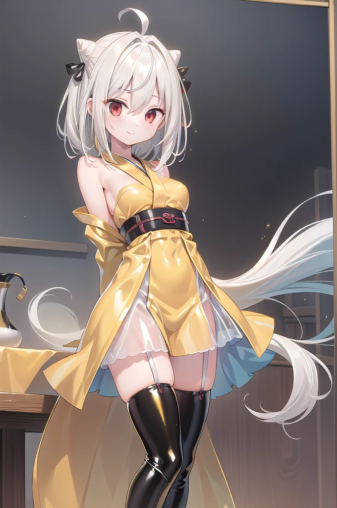 1girl,solo,cowboy shot,standing,(white hair:1.4),long hair,cone hair bun,hair ornament,hair intakes, ahoge, bangs,(red eyes:1.3),(beautiful fingers:1.4),(perfect anatomy:1.4),(arms_behind_back:1.6),(cold_shoulder:1.2),BREAK,(yellow race Kimono dress:1.6),(yellow leotard:1.4),(leather lace glossy silk lamé:1.4),(latex luster shiny glossy:1.6),(shiny_clothes:1.6),medium breasts,beautiful breasts,masterpiece,best quality,(Ultra high definition eyes:1.2),8k,(Beautiful detailed eyes:1.2),(Fine and beautiful eyes:1.2),(pretty eyes:1.2),finely detail,extremely CG, absurdres,high resolution,illustration,Detailed and beautiful outlines,finely detail,high resolution,(colorful refraction:1.4,Increase saturation:1.2),beautiful lighting,dynamic lighting,closed room,black background,simple background, smile,looking at viewer,BREAK, blue bowtie, (wedding gloves:1.2), garter straps,(yellow thighhighs:1.4)