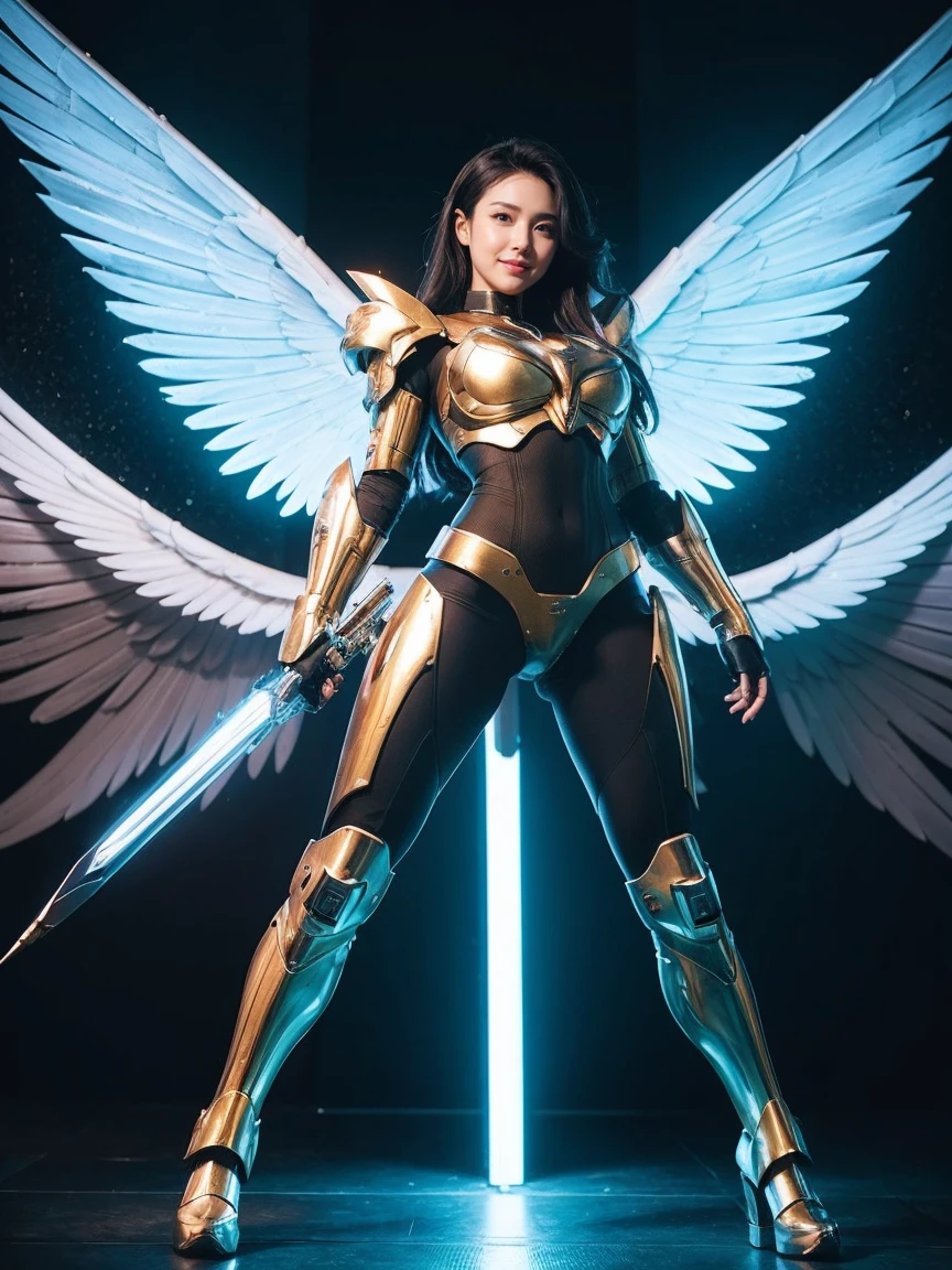 masterpiece,(bestquality),highlydetailed,ultra-detailed,1girl,(mechanicalwings:golden,glowingeyes:blue,goldenrarmor:1.2,elongatedears:0.8),(cyberpunkcity:1.5,weapon:energyblade),(fantasylandscape:1.2,natural lighting:1.5,confidentexpression),(panorama:1.2),mecha, smile,angle,Angels, wings,chrome,raw