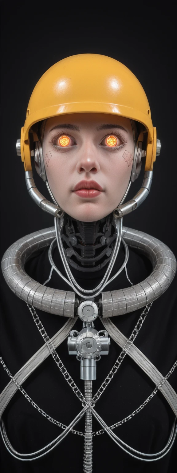 realistic,score_9, score_8_up, score_7_up,
robotic figure, prominent yellow helmet, weathered, rusted, large circular eyes, glowing, enigmatic, haunting, patchwork body, mechanical parts, gears, tubes, aged metals, corroded materials