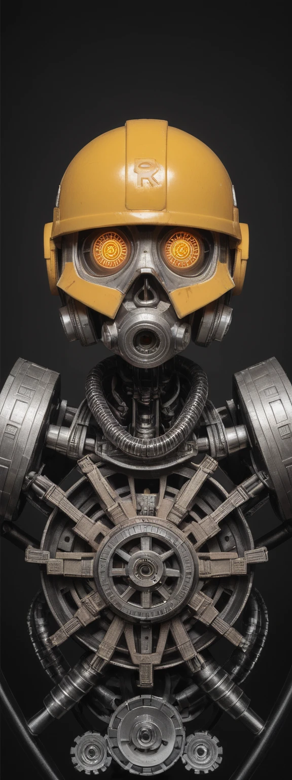 realistic,score_9, score_8_up, score_7_up, 
robotic figure, prominent yellow helmet, weathered, rusted, large circular eyes, glowing, enigmatic, haunting, patchwork body, mechanical parts, gears, tubes, aged metals, corroded materials