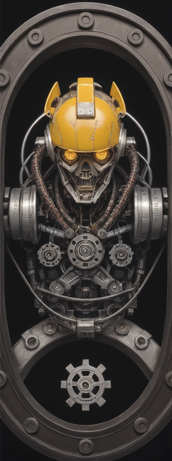 realistic,score_9, score_8_up, score_7_up,
robotic figure, prominent yellow helmet, weathered, rusted, large circular eyes, glowing, enigmatic, haunting, patchwork body, mechanical parts, gears, tubes, aged metals, corroded materials