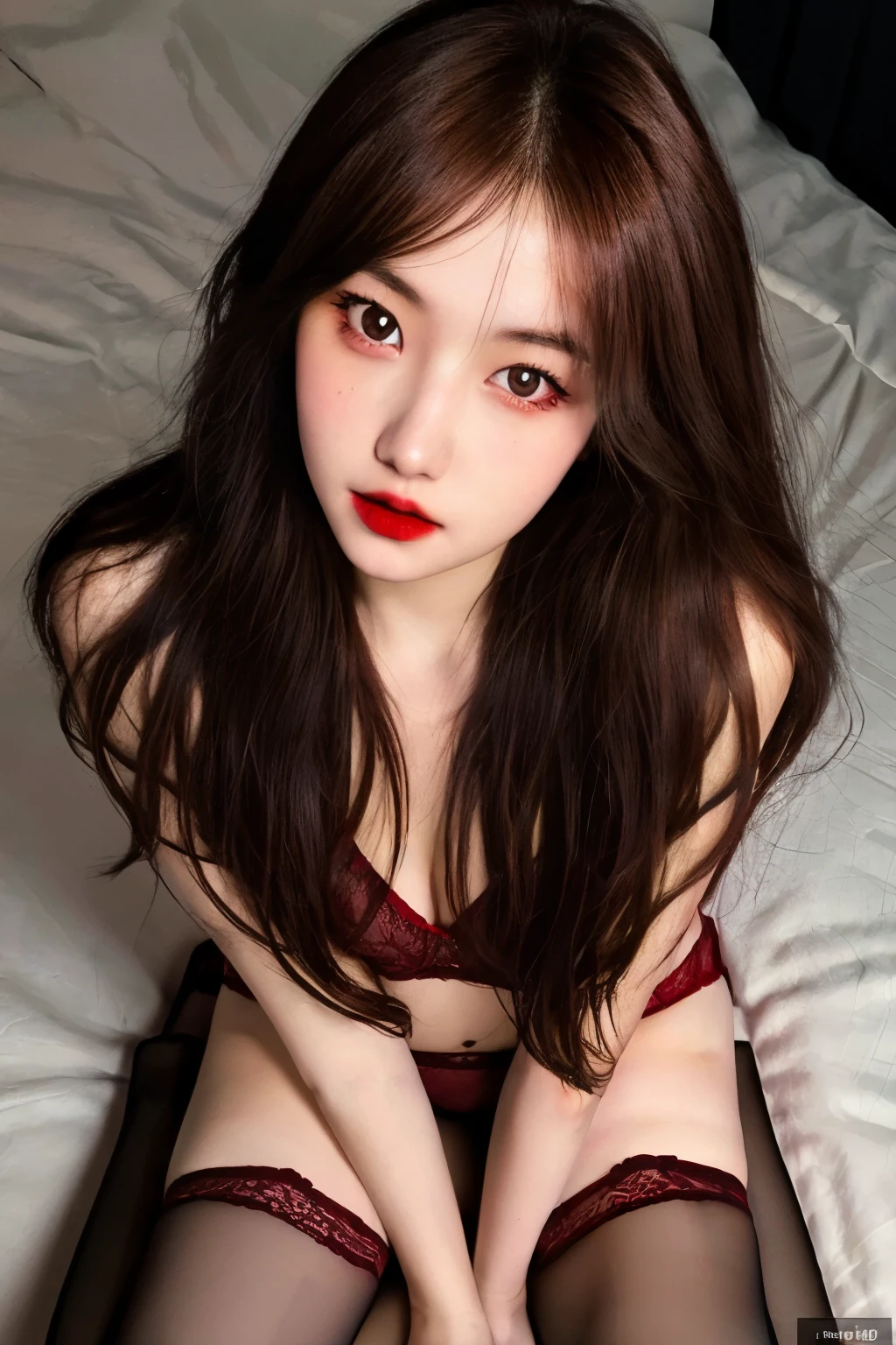 best quality,high resolution,unity 8k wallpaper,(illustration:1),perfect lighting,photo_\(medium\),photorealistic,realistic,
1girl, solo, brown hair, thighhighs, long hair, sitting, looking at viewer, brown eyes, red lips, wearing red bra, red panties, from above,