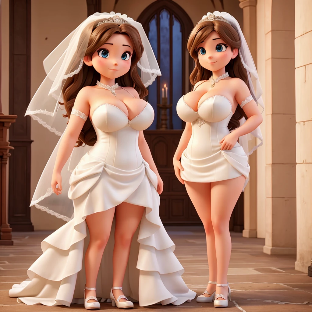 Woman with huge breasts wearing a lace wedding dress with a provocative neckline in the church