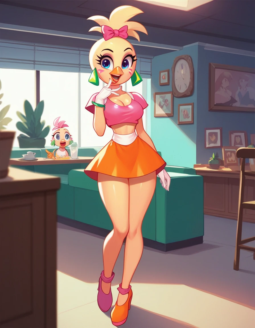 score_9,score_8_up,score_7_up, source_cartoon, glamrock chica, standing, indoors