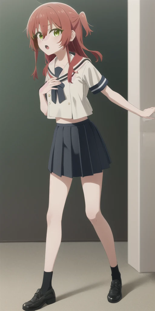Kitaikuyo, Ikuyo Kita, (Green Eyes:1.5), Hair between the eyes, Long Hair, One side up, Redhead, (Flat Chest:1.2), break black footwear, black skirt, grey Sailor collar, pleated skirt, Sailor collar, , shoes, Short sleeve, Tall plants , skirt,, break looking at viewer, break indoors, classroom, break (masterpiece:1.2), Highest quality, High resolution, unity 8k wallpaper, (figure:0.8), (Beautiful attention to detail:1.6), Highly detailed face, Perfect lighting, Highly detailed CG, (Perfect hands, Perfect Anatomy),On the chest.Big Breasts.Sad face.Open your mouth.