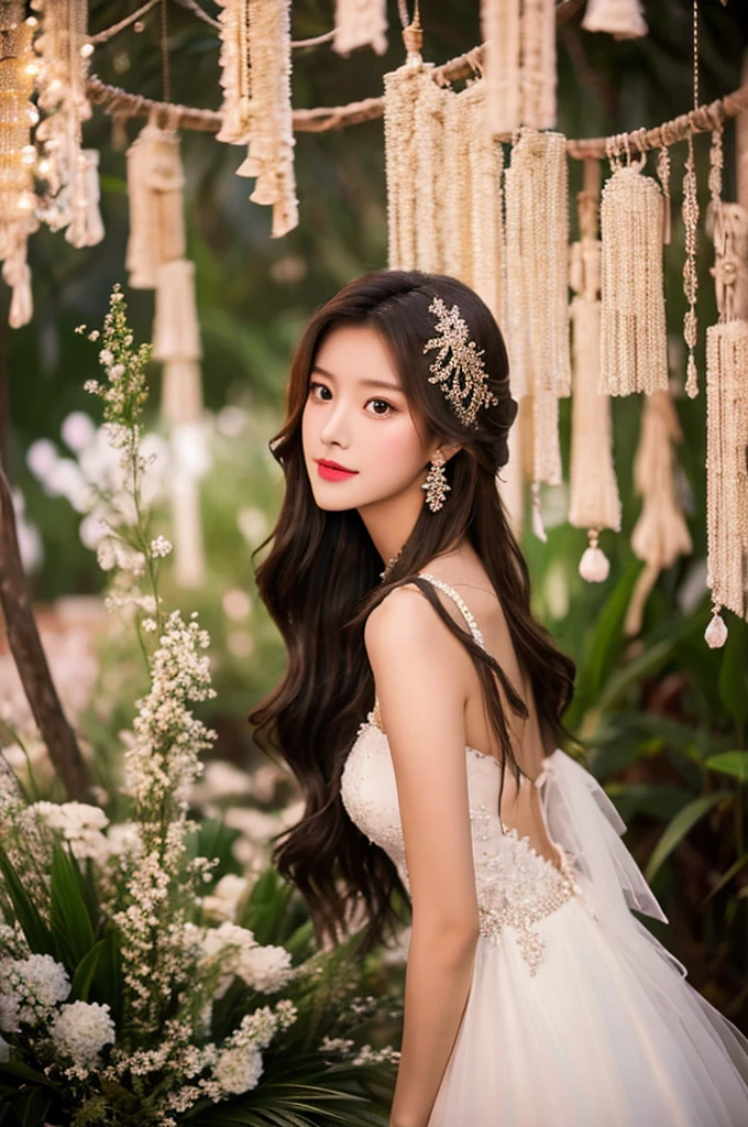 Generate an image of an extraordinarily beautiful 20-year-old Asian woman standing alone, whose beauty rivals that of a goddess of the fire element. She has large brown eyes, dark brown hair, glowing skin, and a captivating appearance. She is wearing a stunning white wedding dress that accentuates her elegance. The woman stands charmingly alone, her beauty appearing as if blessed by nature, in a very romantic and lovely aisle adorned with flowers and soft lighting, exuding a magical and serene atmosphere.
