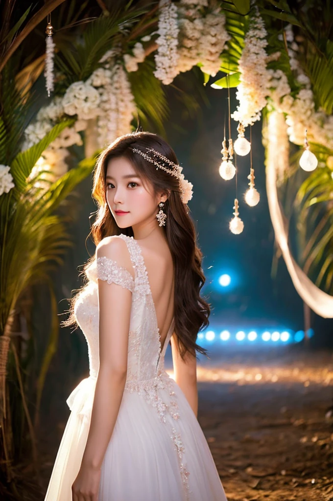 Generate an image of an extraordinarily beautiful 20-year-old Asian woman standing alone, whose beauty rivals that of a goddess of the fire element. She has large brown eyes, dark brown hair, glowing skin, and a captivating appearance. She is wearing a stunning white wedding dress that accentuates her elegance. The woman stands charmingly alone, her beauty appearing as if blessed by nature, in a very romantic and lovely aisle adorned with flowers and soft lighting, exuding a magical and serene atmosphere.
