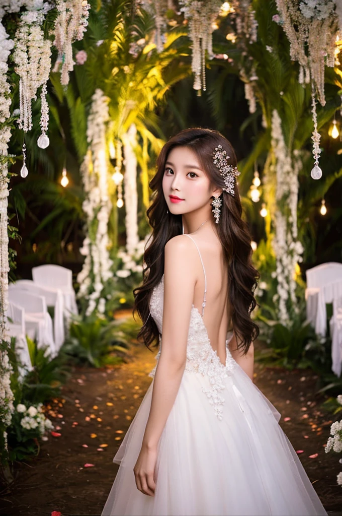 Generate an image of an extraordinarily beautiful 20-year-old Asian woman standing alone, whose beauty rivals that of a goddess of the fire element. She has large brown eyes, dark brown hair, glowing skin, and a captivating appearance. She is wearing a stunning white wedding dress that accentuates her elegance. The woman stands charmingly alone, her beauty appearing as if blessed by nature, in a very romantic and lovely aisle adorned with flowers and soft lighting, exuding a magical and serene atmosphere.