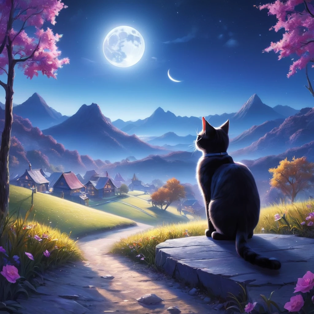 chat, moon, Cat, In the landscape, Magical atmosphere, mystery,(Highest quality, High resolution,Very detailed,Realistic:1.2),Bright colors, Sharpness, High resolution, Fantasy, Magical Landscapes, Glossy crystals, Great lighting, Sublime Beauty, mystery的な闇, ambiance surRealistic, A fascinating sight.