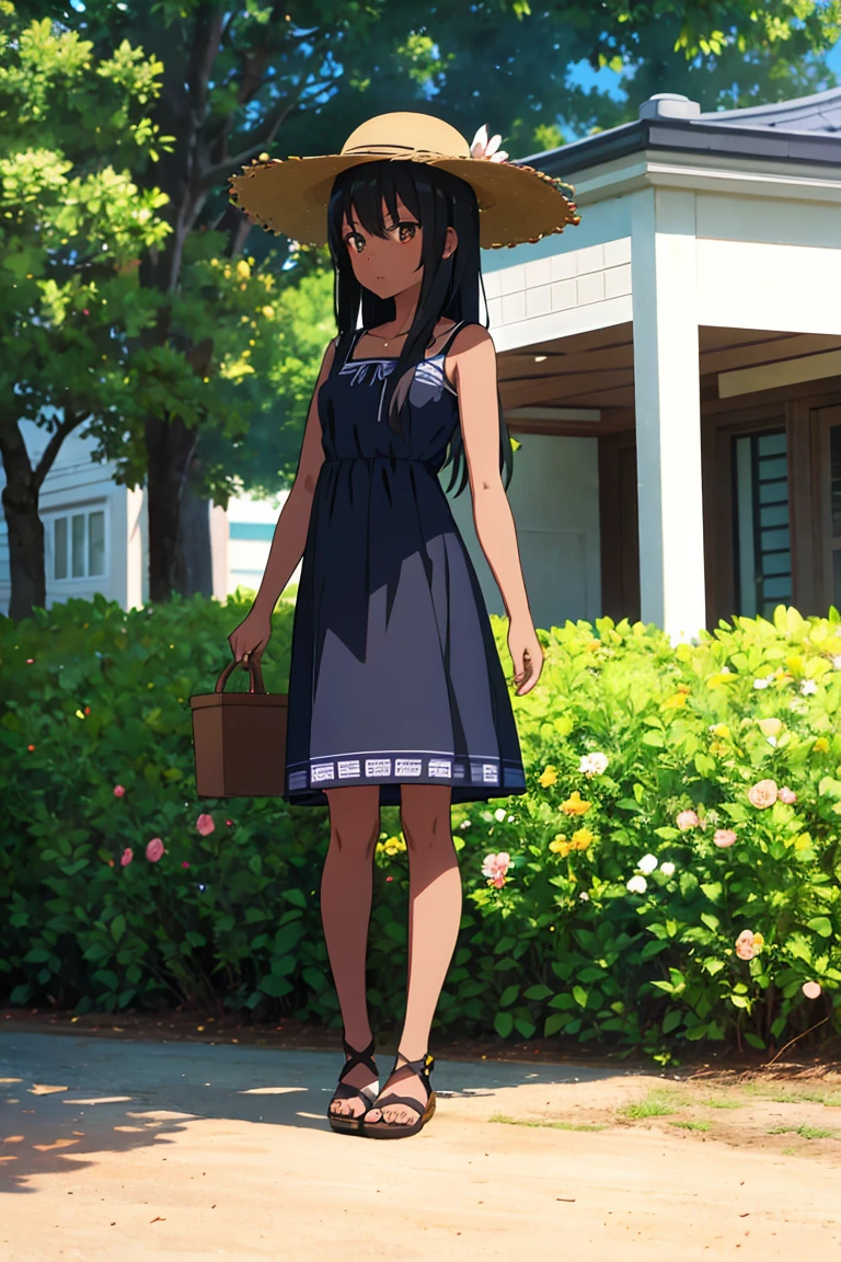 Anime girl, long black hair, cute girl, flower pattern blue summer dress, straw hat, sandals, dark skin, whole body, standing pose, park photography