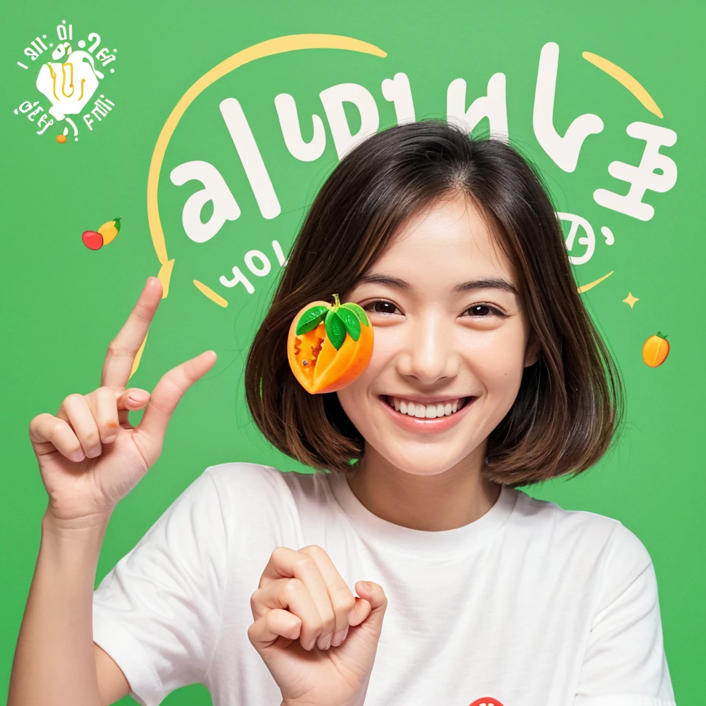 Illustration of a perfectly split papaya fruit logo with a smiling face and a hand wearing a white food hand t-shirt showing the thumb