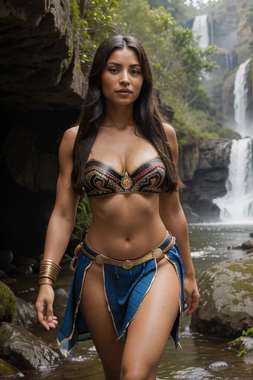 Araffe woman in native dress walking in front of a waterfall, Pocahontas, retrato de un joven Pocahontas, smiling, big chest, strong hips, curvilinear.retrato de Pocahontas, warrior dress, Warrior woman, Warrior Princess, amazon warrior, cave woman, dwayne johnson as wonder woman, Aztec warrior goddess, una hermosa Warrior woman, native american, tribal clothing, aztec princess portrait