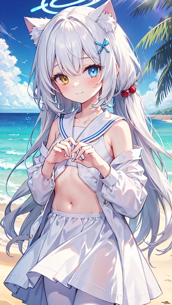 Gawr Gura, Hololive, (Swimwear:1.5),Straw hat, (tiny chest:1.3), smile, peace sign