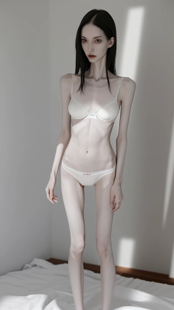 a woman, very thin body, body visible bones, very slender,sweaty weat body,  pale white skin, panties, bra,tatto, full body, at a room