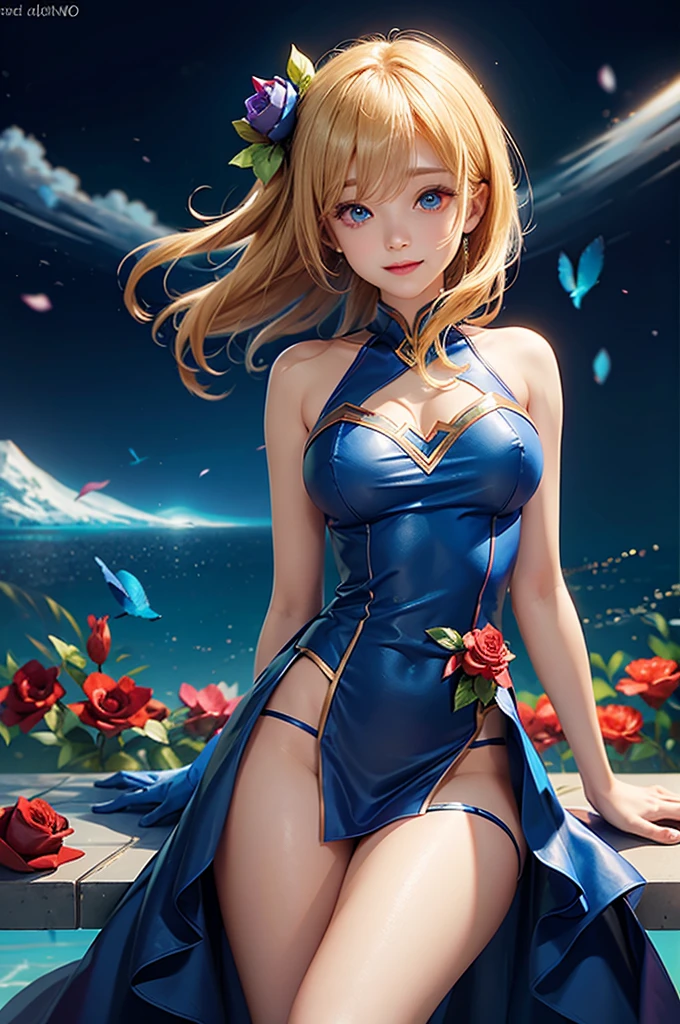 The character Supergirl, perfect blue and red costume with the traditional "S" in the chest, red cape, shiny little blue eyes, extremely beautiful blond hair, beautiful smile , perfect anatomy and extremely beautiful face, hyperrealistic face
