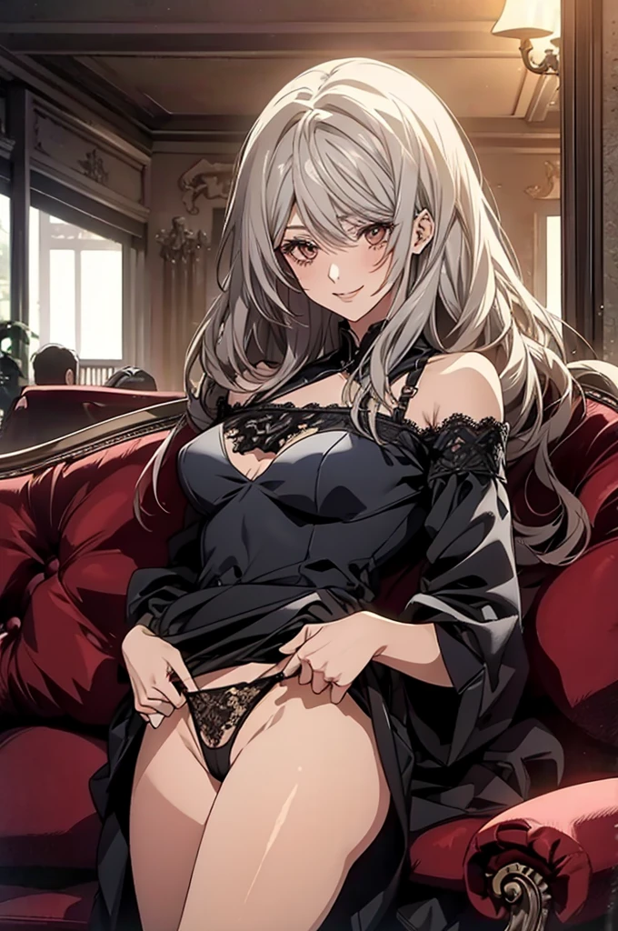 (Highest quality, High resolution, Very detailed), 1 female, Silver Hair, Long Hair, Reddish brown eyes, Black Dress, lace thong, secretary, 24th generation, Beautiful woman, , thin, quiet, Calm, Large Breastall smile, sofa,