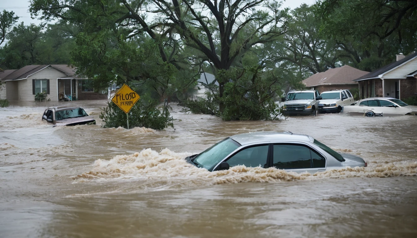 whoa, dramatic image depicts a chaos scenario. Hurricane with strong winds causes flooding and destruction in Texas. People trapped in floating cars, Submerged houses and debris in the violent flood.