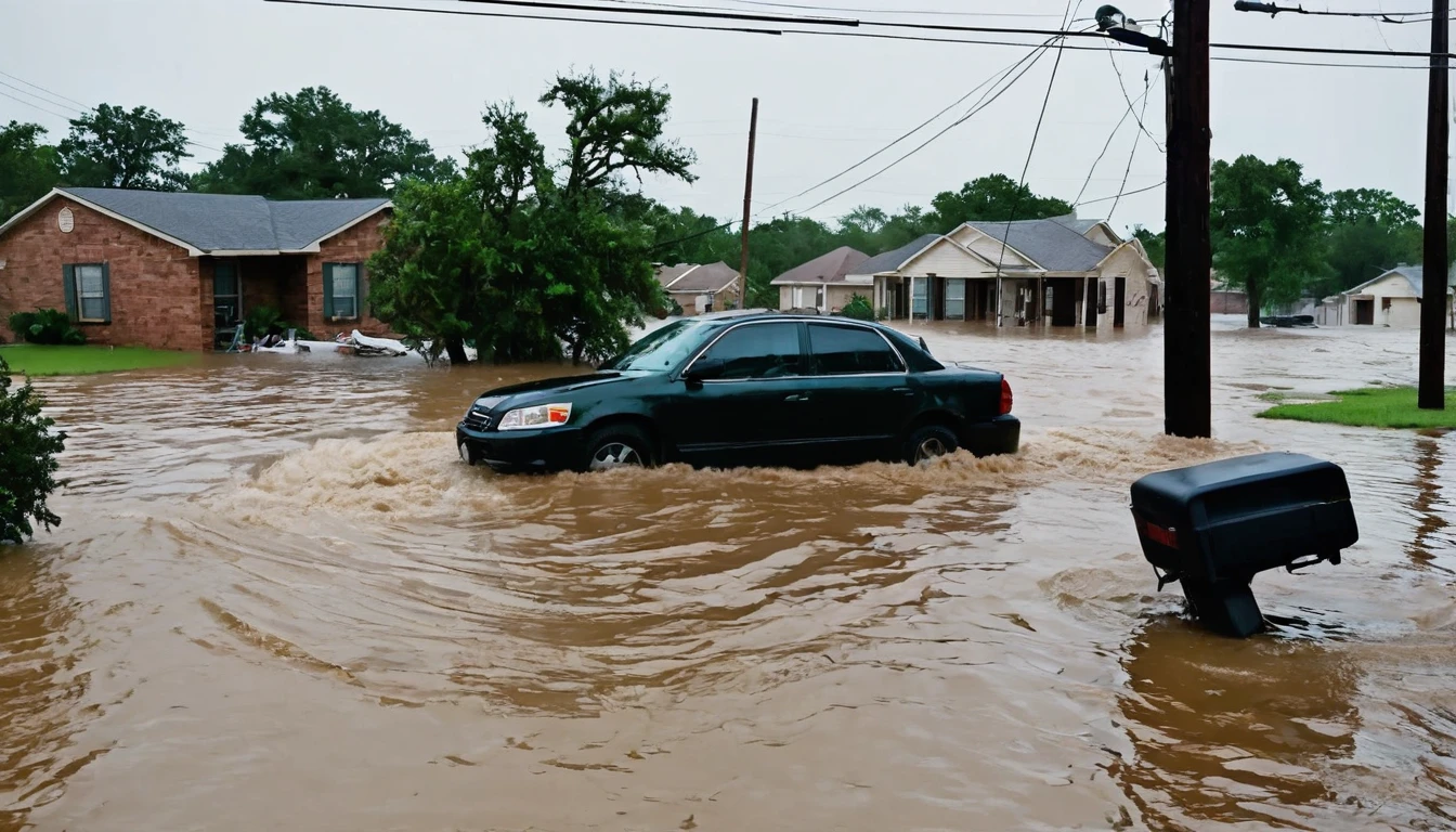 whoa, dramatic image depicts a chaos scenario. Hurricane with strong winds causes flooding and destruction in Texas. People trapped in floating cars, Submerged houses and debris in the violent flood.
